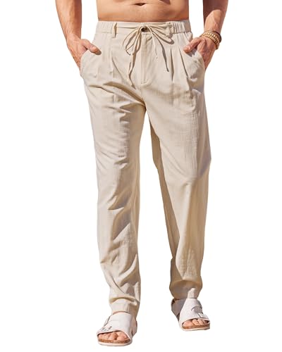 Beotyshow Mens Linen Pants Elastic Waist Drawstring Casual Pants Relaxed Fit Summer Beach Yoga Lightweight Pants