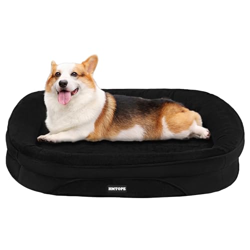 HMTOPE Orthopädisches Hundebett, Hundesofa, Vierseitiges Nackenrolle Kissen, rutschfeste Unterseite Hundekorb, Abnehmbar und Waschbar, Kleine Hunde, Mittelgroße Hunde, 90 x 71 x 15 cm, Schwarz