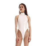 Ftshist Women's Patent Leather Halter Neck High-Fork Bodysuits (Small, White)