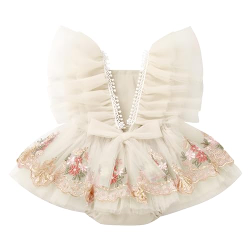 Toddler Baby Girl Birthday Dress Flutter Sleeve Floral Embroidery Ruffle Tulle Tutu Romper Dress and Headband4