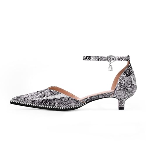 Women's Low Kitten Heel Pointed Toe Pumps Ankle Strap Patent Leather Prom Wedding Dress Shoes2