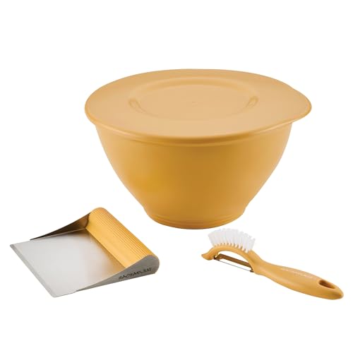 Rachael Ray Tools and Gadgets Kitchen Prep Garbage Bowl with Lid Bench Scrape Veggie Peeler 4 Piece Food Prep Set - Turmeric Yellow