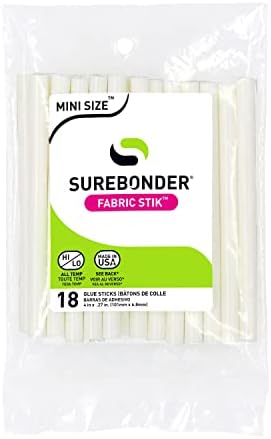 Surebonder White Mini Size Fabric Hot Glue Sticks, 4-Inch Length - Machine Washable, Works with Fabric, Leather, Ribbon, Foam, 18 Pack, White