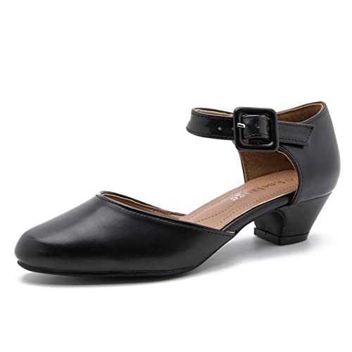 Enelauge Women's Ankle Strap Closed Toe Low Chunky Heel Dress Work Pumps