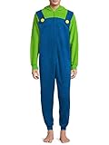 Nintendo Men's Super Mario Luigi Fleece Pajama Union Suit with Moustache, Medium Blue