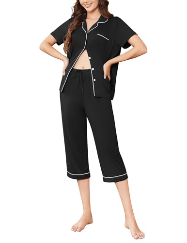 Ekouaer Capri Pajamas for Women Short Sleeve Button Down Sleepwear Comfy Lounge Set 2-Piece Pants Pjs2