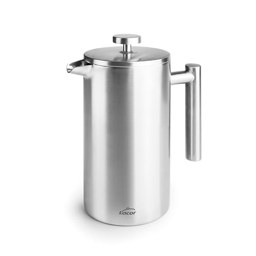 LACOR - 62141 - Cafetera Francesa Manual, Doble Pared Acero Inoxidable, Filtro de Malla, Mango Ergonómico, 1 Litro