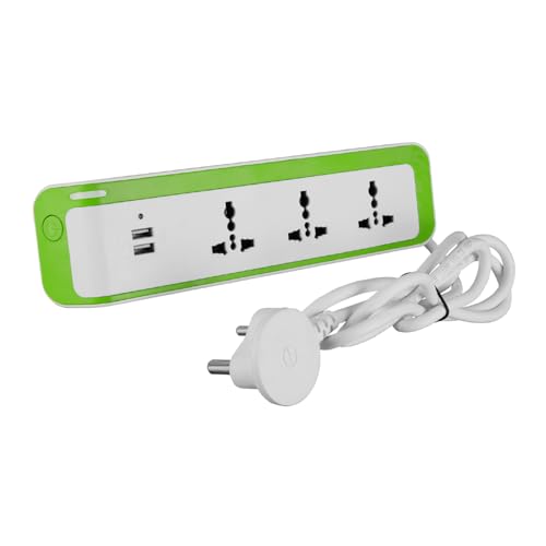 Image of Lauritz Knudsen Electrical & Automation Spike Guard 3 Way with Twin USB Charger & Resettable Fuse | 3 Year Warrenty | for Laptop, Tablet, Smart Watch, Earbud | (Green & White, OA05W06)