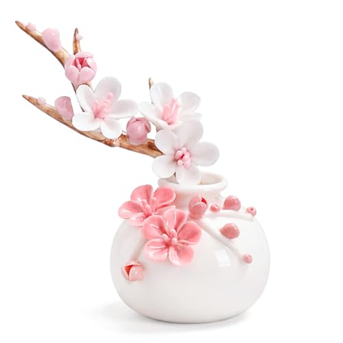 Lovmeety Ceramic Flowers with Vase, Peach Blossoms in Vase Pink Ceramic Flowers...