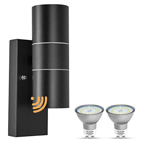 Unikcst Dawn to Dusk Outdoor Wall Lights Mains Powered IP44 Up Down Outside Lights with Sensor Black 240V - Incl. 2X 5W LED GU10 Bulbs Cool White Cover