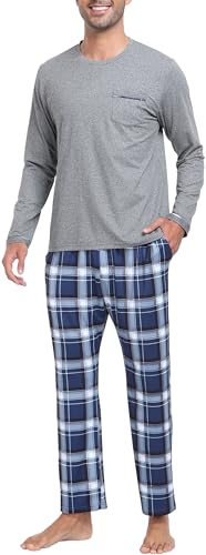MoFiz Men's Pajama Set Soft Plaid Pants & Long Sleeve T-Shirt 2-Piece Sleepwear Loungewear Set Cozy Pjs for Men with Pockets