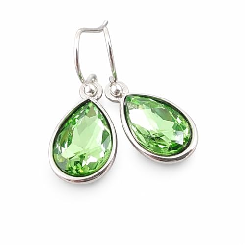 August Birthstone Earrings – Peridot Crystal Teardrop Earrings, Sterling Silver Ear Wires, Handmade Gift