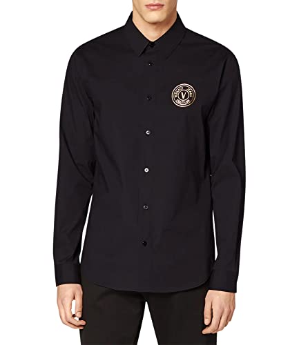 VERSACE JEANS COUTURE Camisa básica de algodón con logotipo dorado estampado negro, Negro, XL