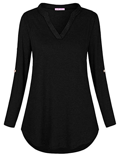 JOYMOM Latched Mama,Nursing Tops Maternity Henley V Neck Roll Tab Sleeve Breastfeeding Blouses Pregnant Trapeze Flowy Curved Hem Feeding T-Shirt Womens Casual Wear Black Large
