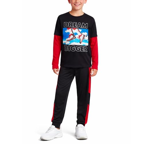 Pro Athlete Boys Pant Set - 2 Piece Tracksuit with Short Sleeve Graphic Tee and Tricot Jogger Sweatpants for Boys (8-16), Size 14-16, Black/Red Dream