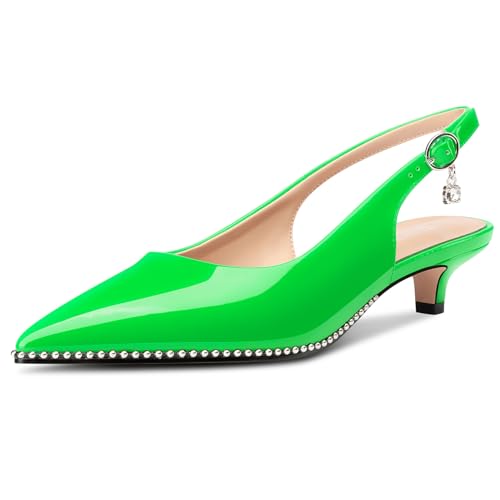 Image of TNYNFBEB Womens Low Kitten Heel Close Pointed Toe Pumps Slingback Silver Beaded Buckle Prom Party Dress Patent Leather 1.4 Inches Heels