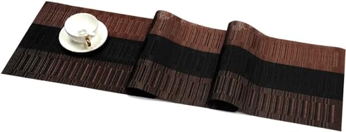 SHACOS Table Runners Woven Vinyl PVC Table Runner 12 x 36 inch Wipe Clean Bamboo Weave Countertop Table Decor Mats Indoor Outdoor, Ombre Coffee Black
