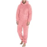 CHXLQQX Mens Fleece Onesies Loungewear Hooded Pyjamas Jumpsuit Nightwear, Snuggle Warm & Thick Pink