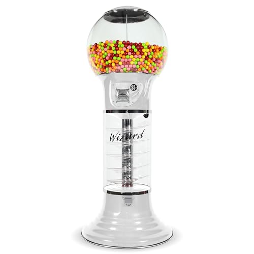 Giant Gumball Machine with Stand - Commercial Bubble Gum Machine 5`6" Spiral Gumball Vending Machines - Coin Mechanism $0.25 - Dispenses 1” Gumballs Bouncy Balls & Toys in Round Capsules - White