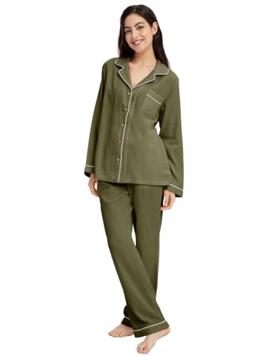 Image of Womens Muslin Pajama Set 100% Cotton Double Gauze Linen Like | Breathable Soft Comfort Button Up Loungewear Sleepwear PJ Set