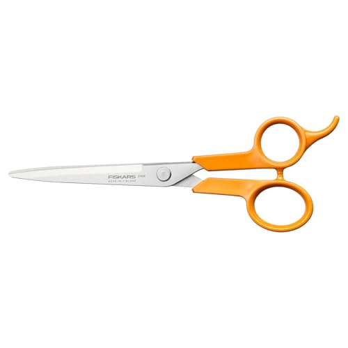 Fiskars Classic Haarschere, Mit Fingerauflage, Rechts- und Linkshändig, Gesamtlänge: 17 cm, Verbesserte Griff-Ergonomik, Qualitätsstahl/Kunststoff, Orange, 1075062