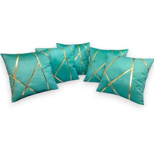 Image of Zikrak Besur Gold Stripe On Velvet|Pack of 5 Cushion Cover|for Home Decoration|Living Room Decor|Hotel Premeuim Qulaity Cushion Cover|Exclusive ON Amazon (Aqua, 18 X 18 INCH(45 X 45 CM))