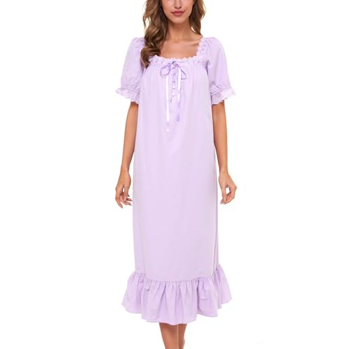 Image of Lu's Chic Women's Victorian Nightgown Cotton Sleepwear Long Loungewear Short Sleeve Vintage