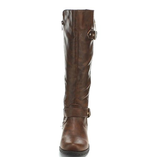 JJF Shoes Mango-21 Women's Winkle Back Shaft Side Zip Knee High Flat Riding Boots Brown 10