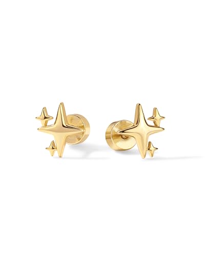 Image of PAVOI 14K Gold Plated Dainty Flat Back Earrings for Women, Piercing Studs | Hypoallergenic Stud Earrings with 925 Sterling Silver Posts, Motif Flatback Screw Back Helix Cartilage