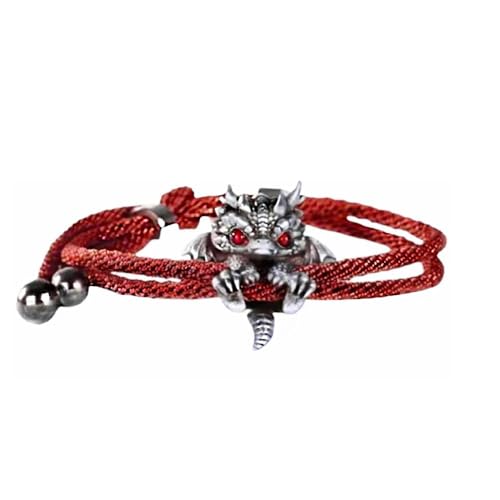 Cute Silver Dragon Bracelet, Adjustable Handcrafted Braided Dragon Rope Bracelet, Sterling Silver Dragon Bead Lucky Charm Bracelet, Vintage Red Healing Bracelet For Man Women (Red)