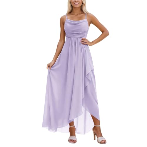 Vestido de noche para mujer, elegante, de gasa, largo, tirantes finos, vestido de dama de honor, vestido de color liso con dobladillo irregular, vestido de cóctel elegante, R Light Purple, L