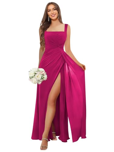 Image of HANVAIOS Square Neck Bridesmaid Dresses Long Chiffon Formal Maxi Dress with Slit