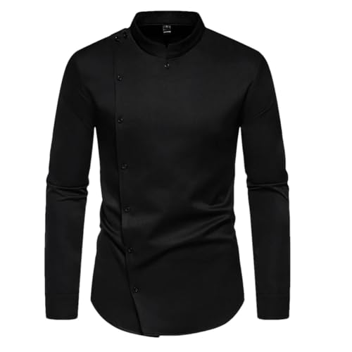 Men's Solid Long Sleeve Shirt Casual Restaurant Chef's Uniform Shirts Diagonal Button Work Shirt
