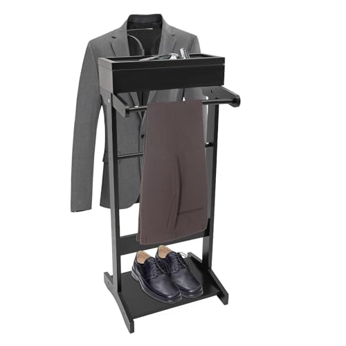 AYLYOTOY Wooden Suit Valet Stand with Hanger, Bottom Shoe Rack and Storage Organizer, Freestanding Mens Suit Stand, Freestanding Clothes Rack for Bedroom, Entryway, Office, Black