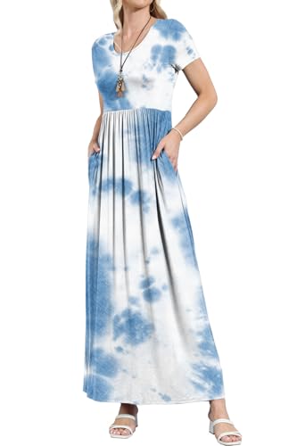 Image of EUOVMY Women's Short Sleeve Loose Plain Maxi Dresses Casual Vacation Long Dresses with Pockets