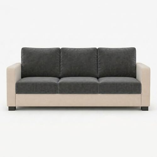 Image of FURNY Haster 3 Seater + 2 Seater Fabric Sofa Set with 1 Ottoman (Dark Grey-Cream) with Velvet Finish | Durable Comfort | Ideal for Living Room