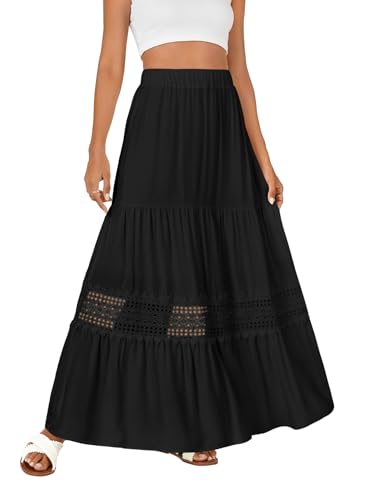 LYANER Women's Ruffle Tiered Long Skirt Elastic High Waist Pleated Lace Trim A-line Boho Maxi Skirts4