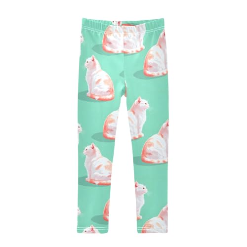 White Cat on Green Girls Leggings Athletic Pants Tights Stretch Bottom