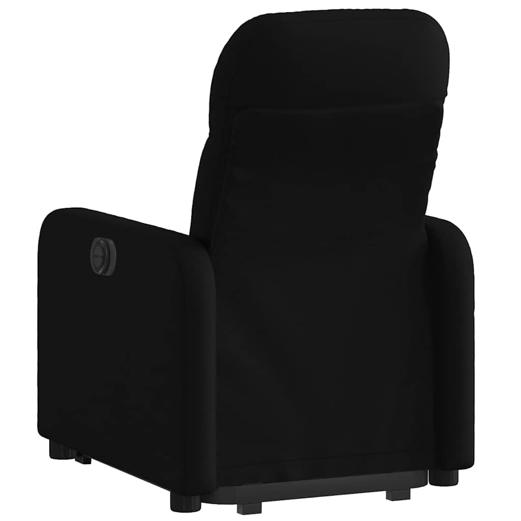 Sillón elevador reclinable eléctrico de tela negra con motor para elevación e inclinación hasta 135 grados, estructura estable y bolsillo lateral para máximo confort