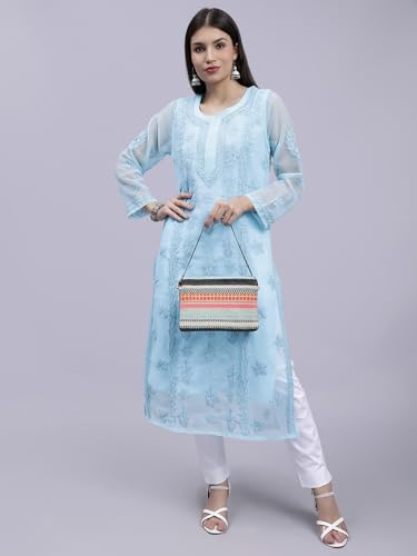 Image of Seva Chikan Hand Embroidered Lucknowi Chikankari Georgette Kurta with Inner Slip for Women SCL4431