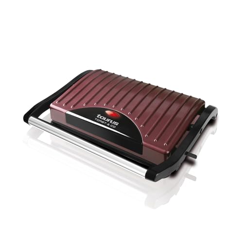 Taurus - Sandwichera eléctrica Toast & Co 700W, Placas grill antiadherentes, Placa superior auto ajustable, Asa cool touch, Sistema de bloqueo, Almacenaje vertical, Burdeos
