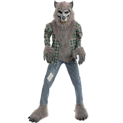 Spooktacular Creations Child Unisex Green Werewolf Costume Halloween Werewolf Costume with Mask Gloves and Shoes Cover-L(10-12yr)