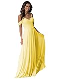 HYEC7 Women's Long Off Shoulder Chiffon Bridesmaid Dresses A Line Pleated Formal Evening Party Gowns with Pockets Lemon Yellow