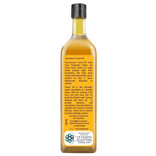 Image of Wood Pressed Castor Oil - 500 ML GLASS BOTTLE | Pure Cold-Pressed Arandi Oil | Edible Grade | Hair Growth Skin Care Eyelashes, Nails | Native Castor Seeds from Tamil Nadu | 100% Natural by Farmers Society