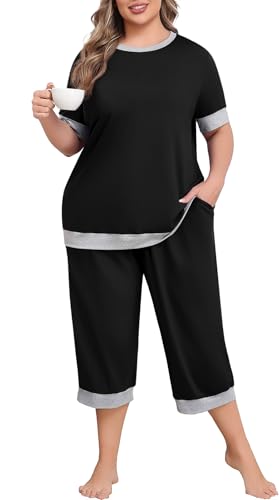 Lastshe Women Plus Size Pajama Set 2 Piece Short Sleeve Capri Pants Knit Sleepwear Lounge Set Ladies Pjs Soft with Pockets