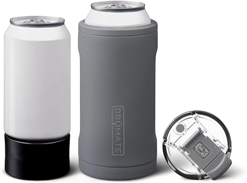 BrüMate Hopsulator Trio 3-in-1 Insulated Can Cooler for 12oz / 16oz Cans + 100% Leak Proof Tumbler with Lid | Can Coozie Insulated for Beer, Soda, and Energy Drinks (Matte Gray)