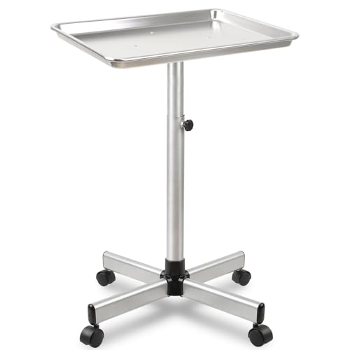 Niuadage Salon Tray on Wheels Salon Color Tray with Adjustable Height Salon Rolling Tray Ideal Use As Metal Mayo Stand Tray Tattoo Tray Medical Tray Dental TraySilver
