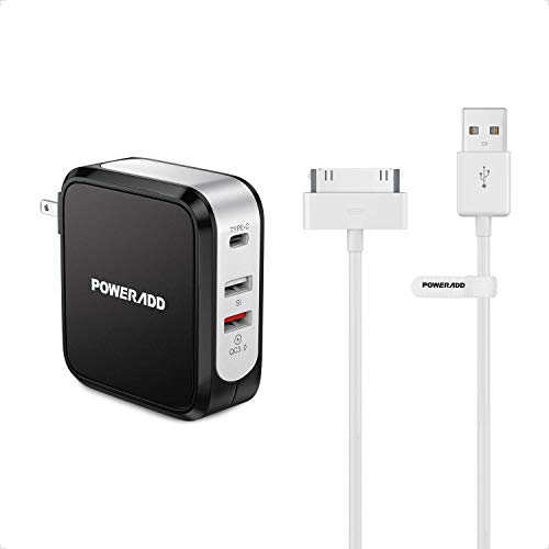 POWERADD USB C & QC 3.0 Wall Charger, 43W Quick Charger 5V/ 9V/ 12V with Foldable Plug & Apple Certified 30 Pin Charger USB Sync Cable Charging Cord Compatible with iPhone iPad iPod Touch Nano