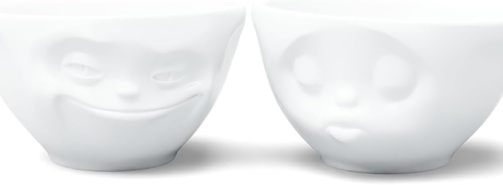 FIFTYEIGHT PRODUCTS Cups/Medium Bowls Set No. 1 "Grinning & Kissing (Porcelain, 200 ml, White, Made in Germany)