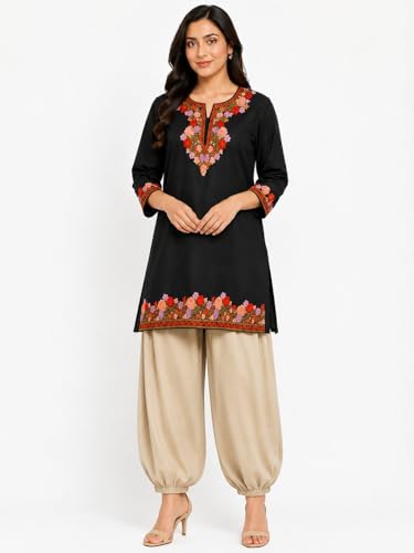 Image of HAUTEMODA Women Cotton Floral Embroidered Short Kurti, Tunic, Three-Fourth Sleeves, White